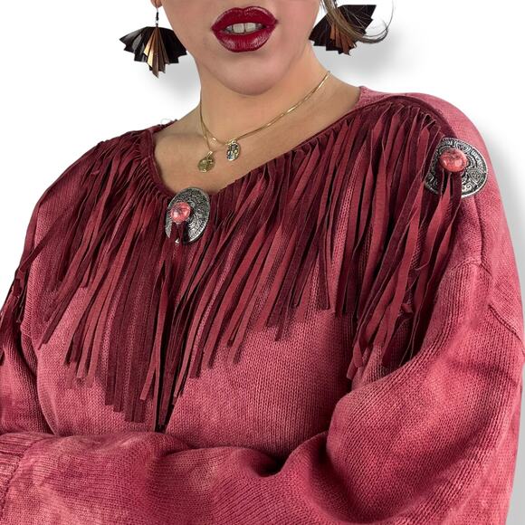 Vintage cowgirl western red cotton tie-dyed fringe sweater dress - Picture 3 of 14